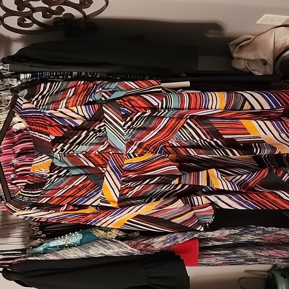 Ashley Stewart Bell-sleeve, colorful hi-low off-the-shoulder chiffon top